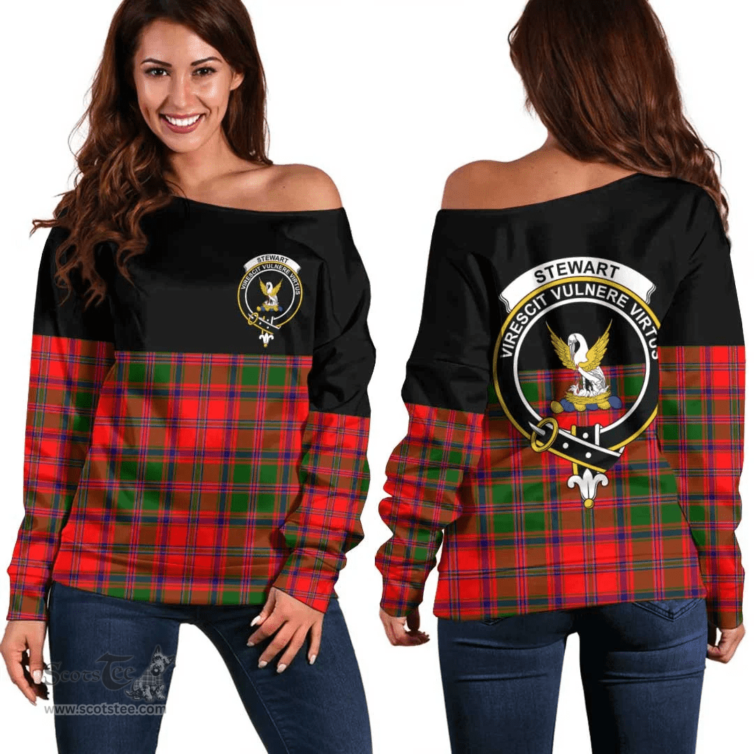 Scottish Stewart of Appin Modern Clan Tartan Off Shoulder Sweatshirt - Crest Special Style