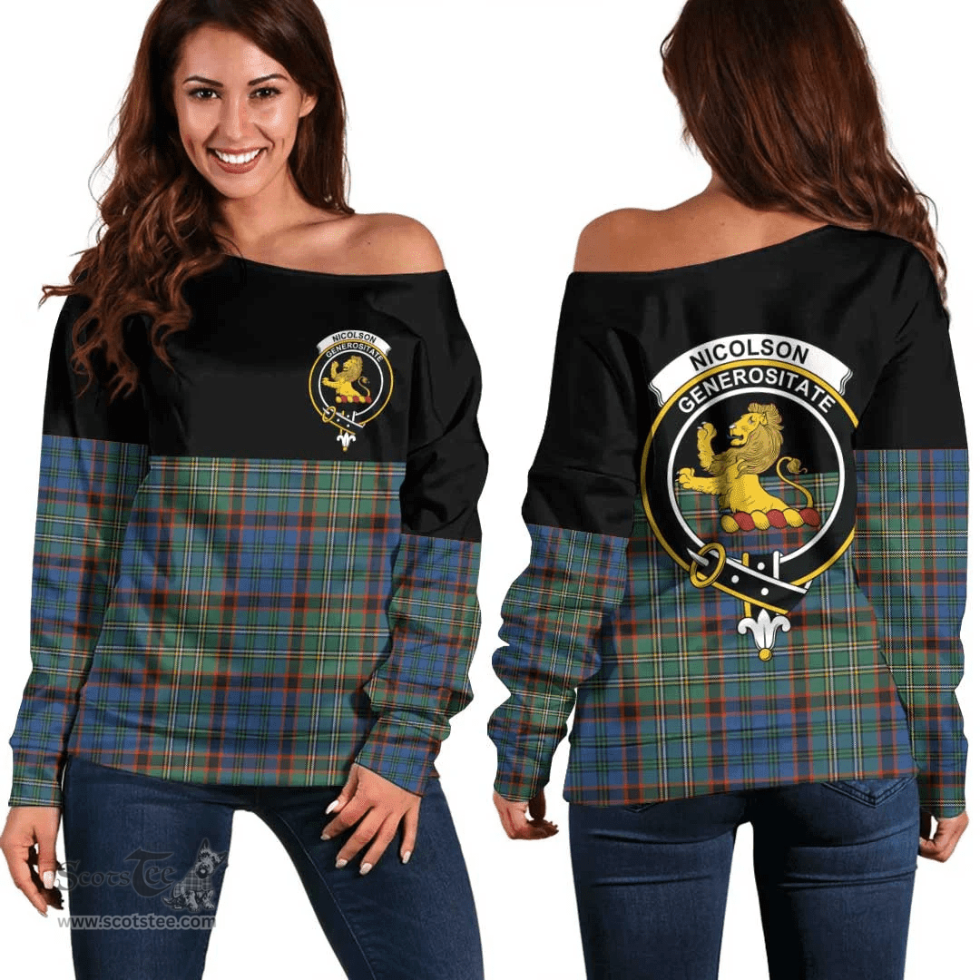 Scottish Nicolson Hunting Ancient Clan Tartan Off Shoulder Sweatshirt - Crest Special Style