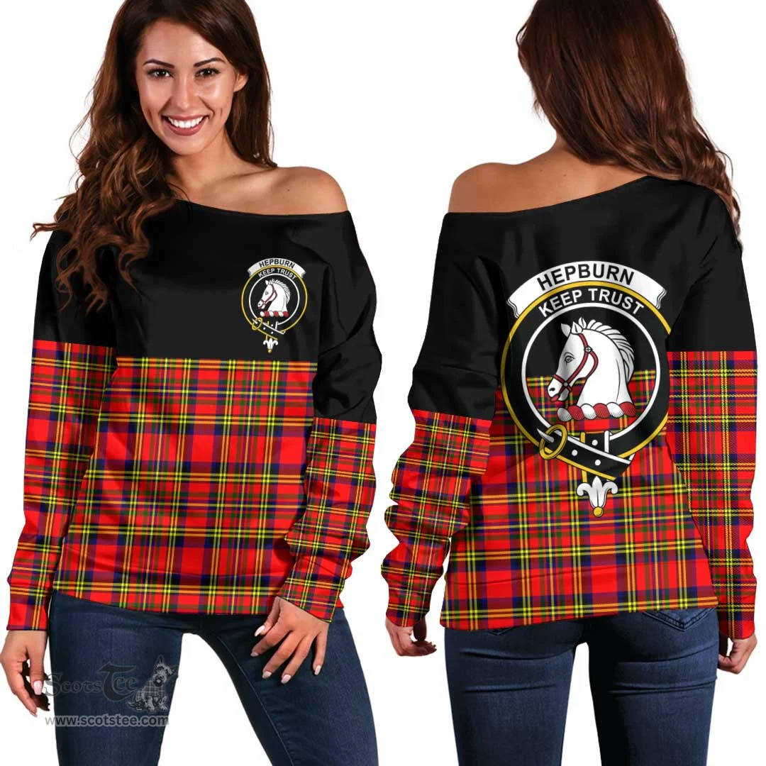 Scottish Hepburn Clan Tartan Off Shoulder Sweatshirt - Crest Special Style