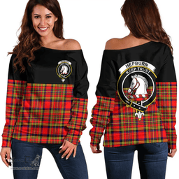 Scottish Hepburn Clan Tartan Off Shoulder Sweatshirt - Crest Special Style