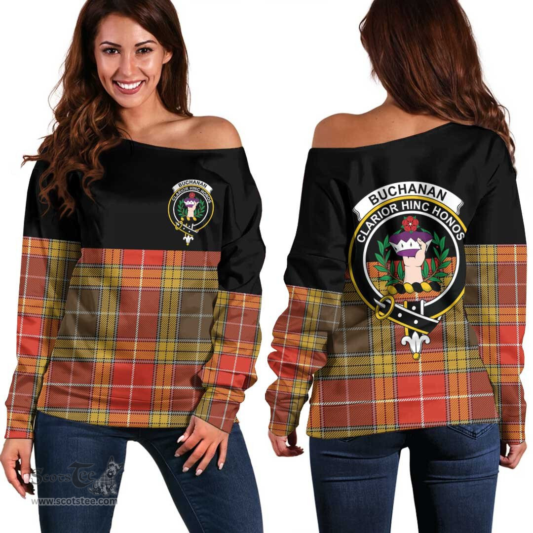Scottish Buchanan Old Set Weathered Clan Tartan Off Shoulder Sweatshirt - Crest Special Style