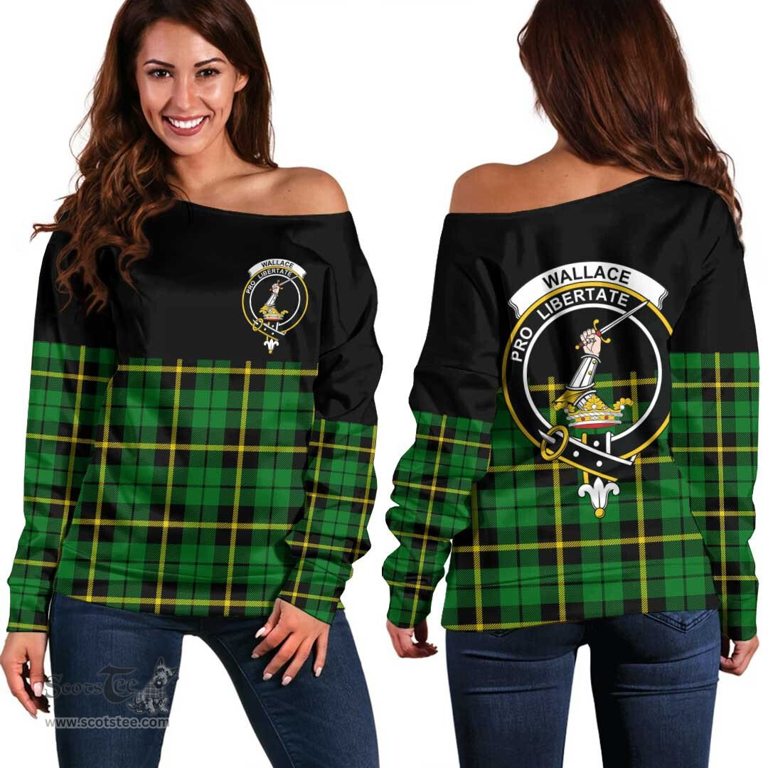 Scottish Wallace Hunting Green Clan Tartan Off Shoulder Sweatshirt - Crest Special Style