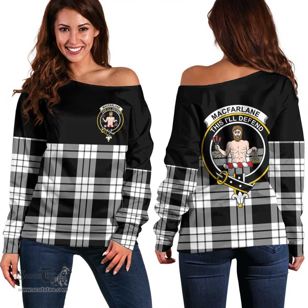Scottish MacFarlane Black & White Ancient Clan Tartan Off Shoulder Sweatshirt - Crest Special Style