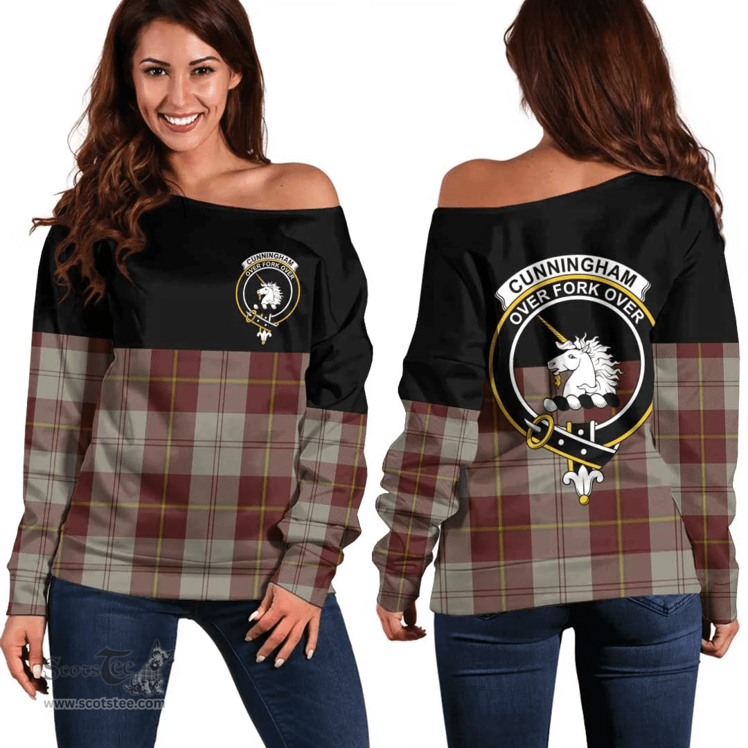 Scottish Cunningham Burgundy Dancers Clan Tartan Off Shoulder Sweatshirt - Crest Special Style