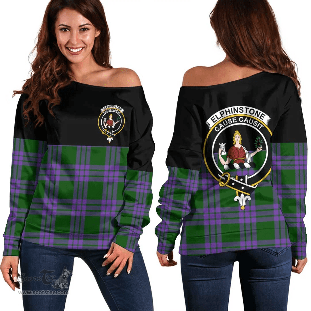 Scottish Elphinstone Clan Tartan Off Shoulder Sweatshirt - Crest Special Style
