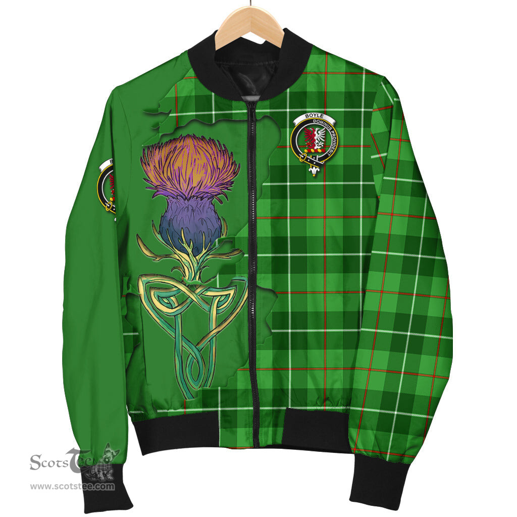 Scottish Boyle Tartan Family Crest with Thistle and Scotland Map Tartan Plaid Bomber Jacket Scottish Plaid Tartan Plaid - ScotsTee - scotstee.com