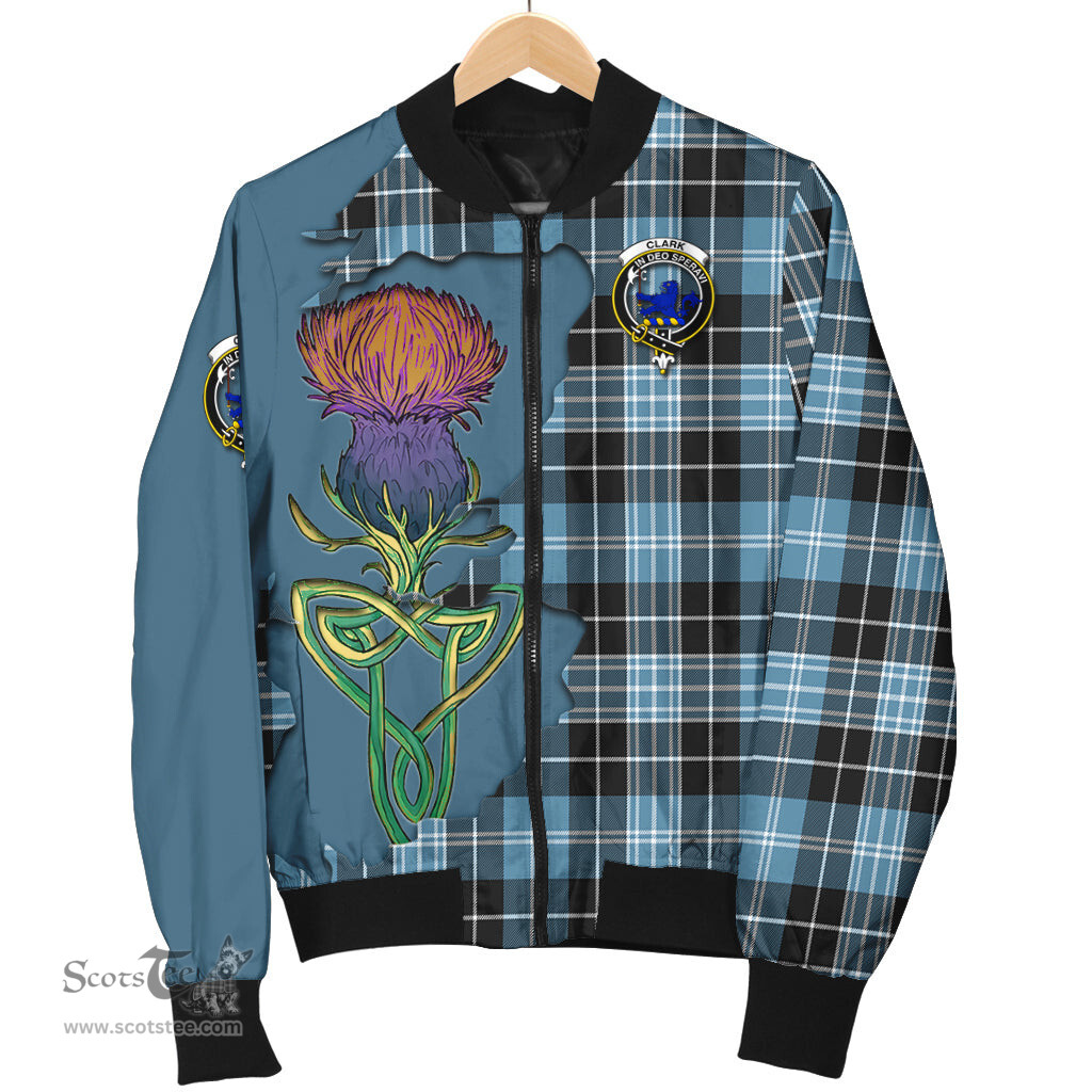 Scottish Clark (Lion) Ancient Tartan Family Crest with Thistle and Scotland Map Tartan Plaid Bomber Jacket Scottish Plaid Tartan Plaid - ScotsTee - scotstee.com