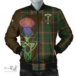 Scottish Chisholm Hunting Tartan Family Crest with Thistle and Scotland Map Tartan Plaid Bomber Jacket Scottish Plaid Tartan Plaid - ScotsTee - scotstee.com