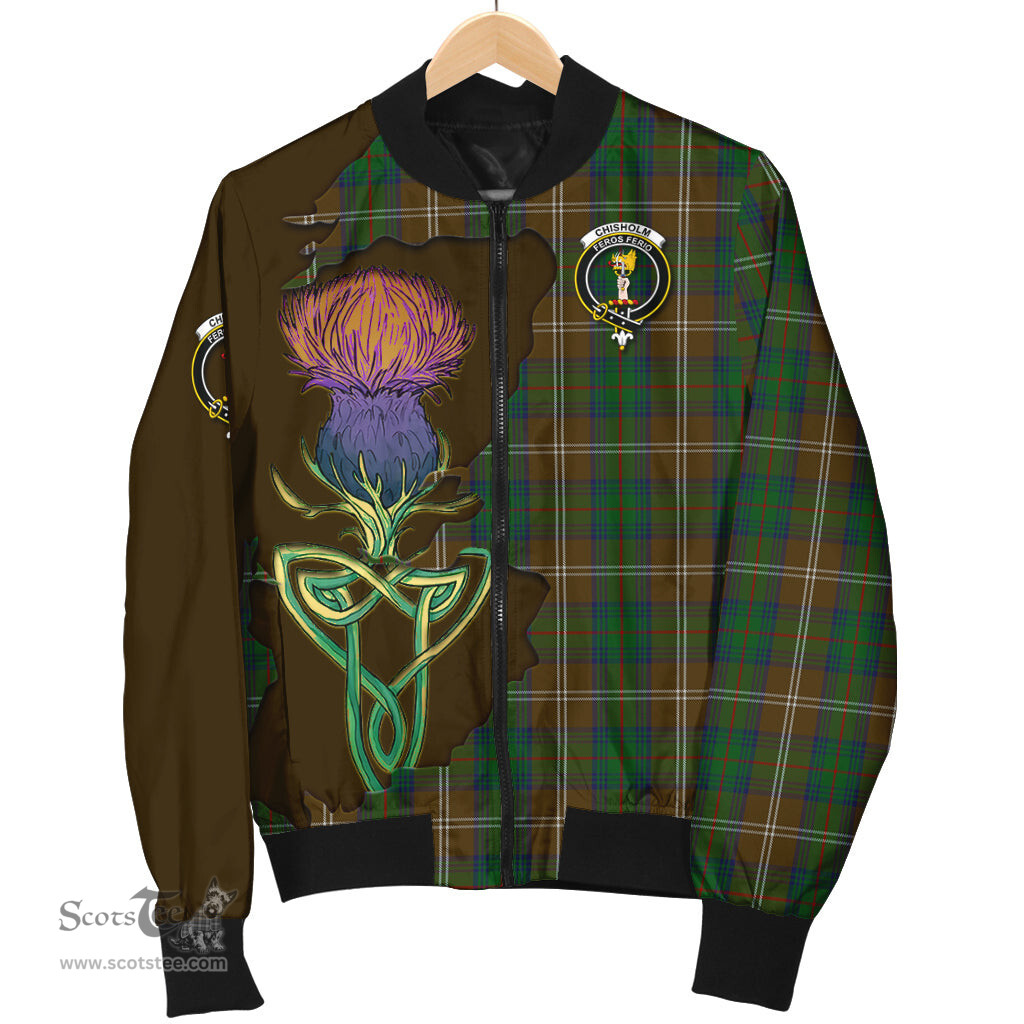 Scottish Chisholm Hunting Tartan Family Crest with Thistle and Scotland Map Tartan Plaid Bomber Jacket Scottish Plaid Tartan Plaid - ScotsTee - scotstee.com