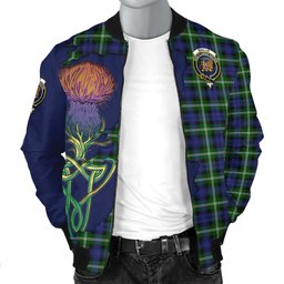 Scottish Baillie Modern Tartan Family Crest with Thistle and Scotland Map Tartan Plaid Bomber Jacket Scottish Plaid Tartan Plaid - ScotsTee - scotstee.com