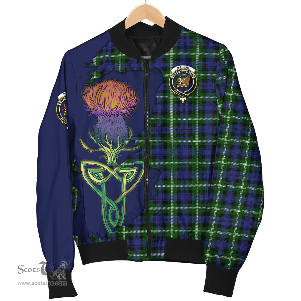 Scottish Baillie Modern Tartan Family Crest with Thistle and Scotland Map Tartan Plaid Bomber Jacket Scottish Plaid Tartan Plaid - ScotsTee - scotstee.com
