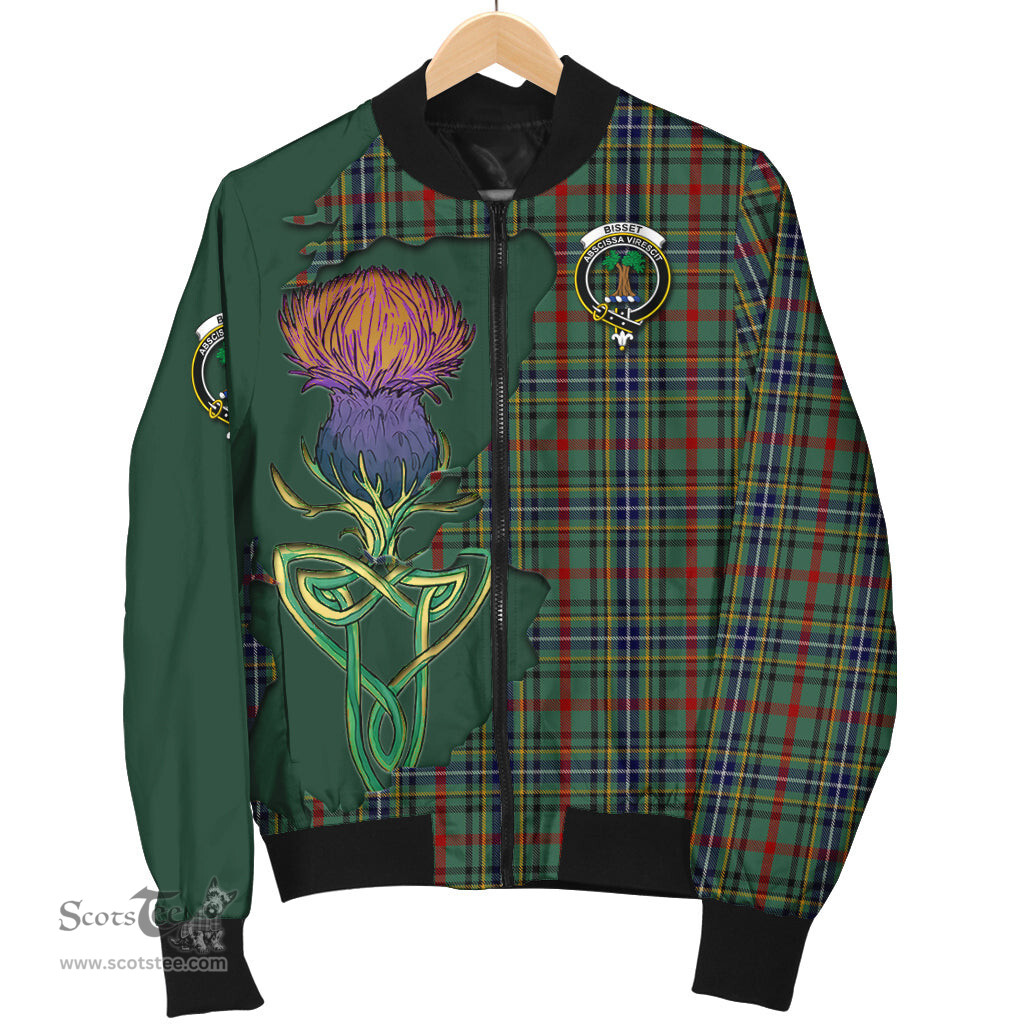 Scottish Bisset Tartan Family Crest with Thistle and Scotland Map Tartan Plaid Bomber Jacket Scottish Plaid Tartan Plaid - ScotsTee - scotstee.com
