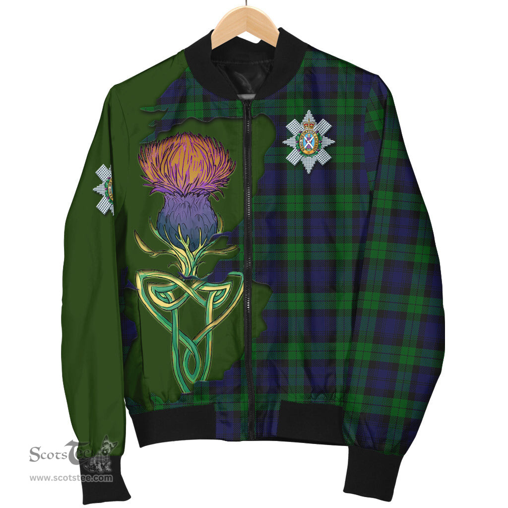 Scottish Black Watch Tartan Family Crest with Thistle and Scotland Map Tartan Plaid Bomber Jacket Scottish Plaid Tartan Plaid - ScotsTee - scotstee.com