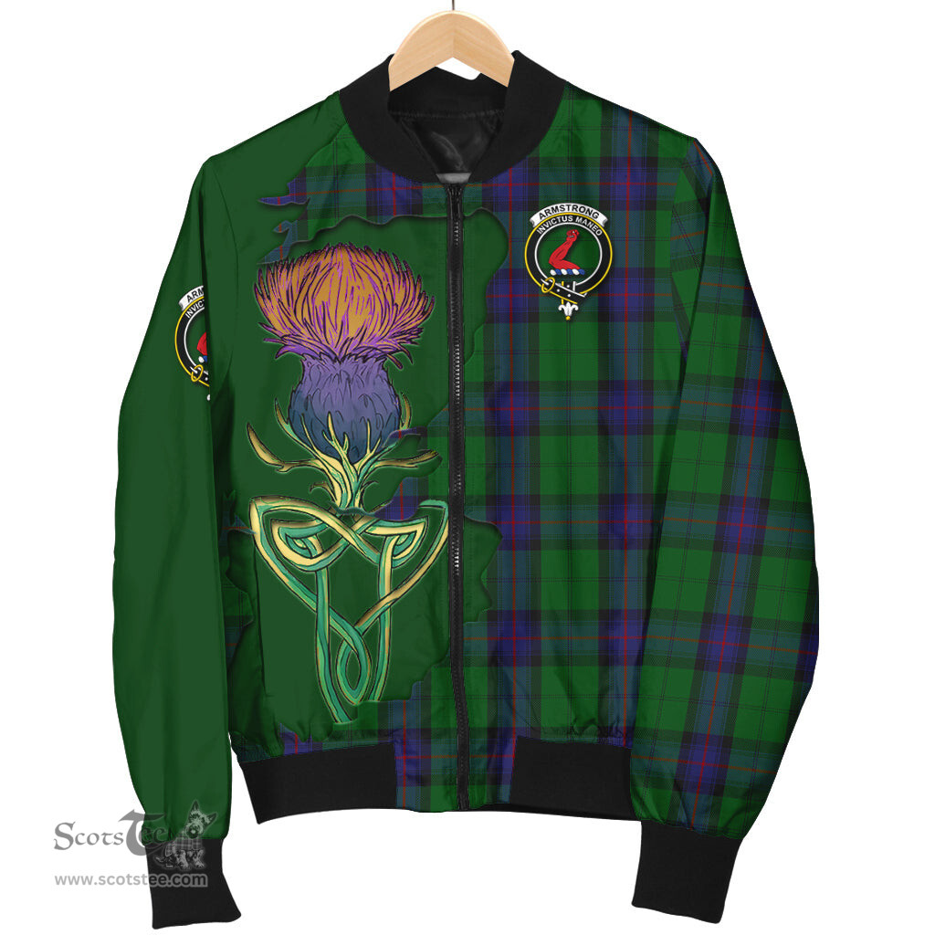 Scottish Armstrong Tartan Family Crest with Thistle and Scotland Map Tartan Plaid Bomber Jacket Scottish Plaid Tartan Plaid - ScotsTee - scotstee.com