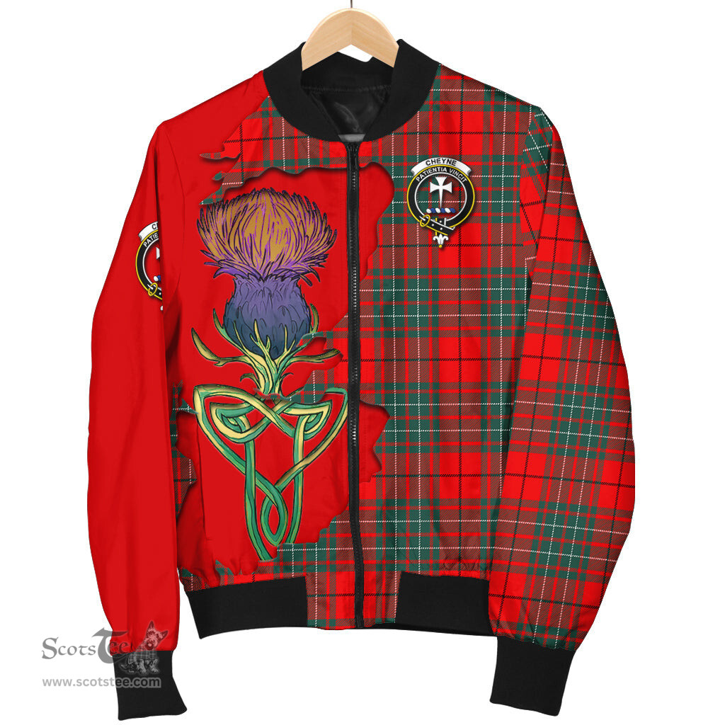 Scottish Cheyne Tartan Family Crest with Thistle and Scotland Map Tartan Plaid Bomber Jacket Scottish Plaid Tartan Plaid - ScotsTee - scotstee.com