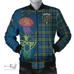 Scottish Colquhoun Ancient Tartan Family Crest with Thistle and Scotland Map Tartan Plaid Bomber Jacket Scottish Plaid Tartan Plaid - ScotsTee - scotstee.com