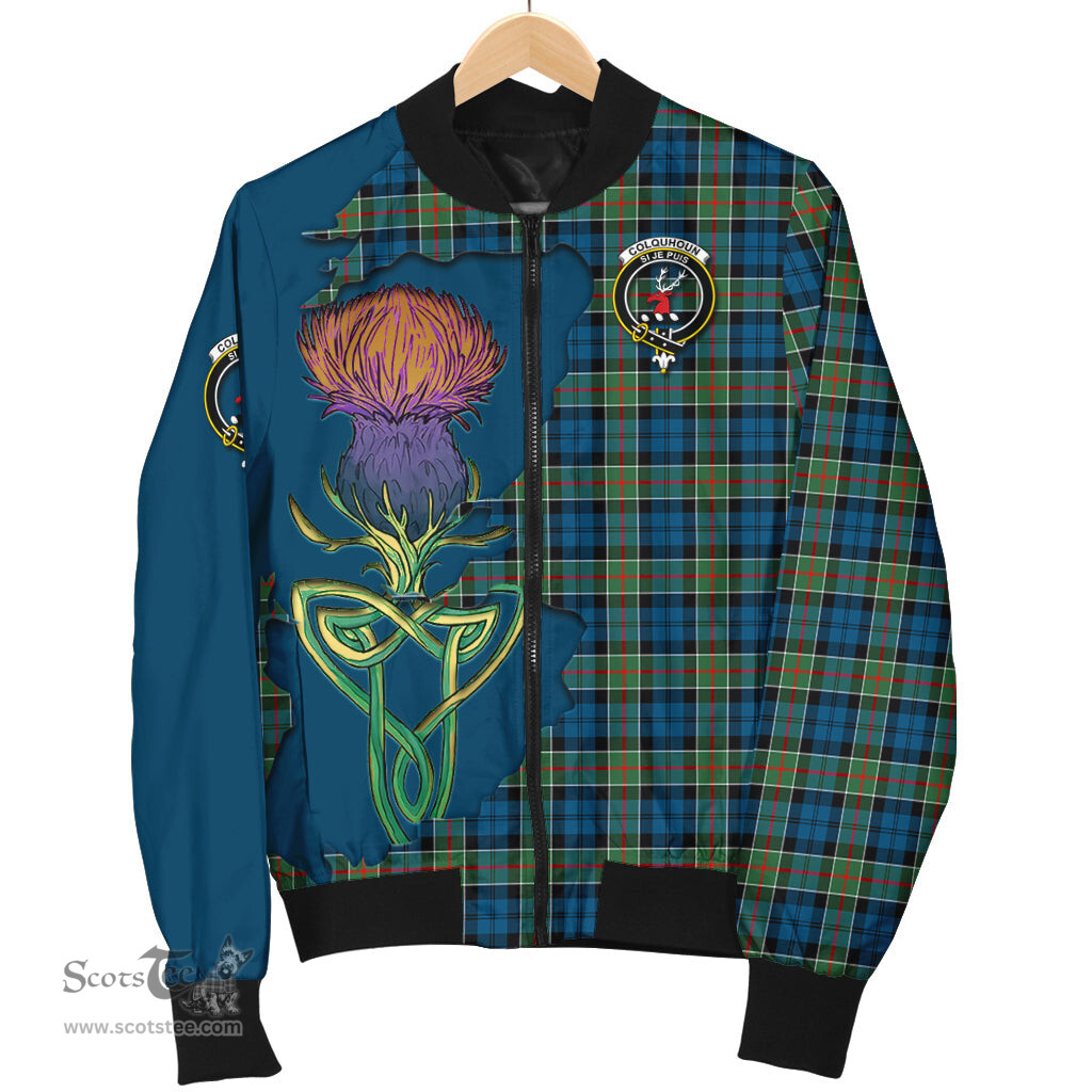 Scottish Colquhoun Ancient Tartan Family Crest with Thistle and Scotland Map Tartan Plaid Bomber Jacket Scottish Plaid Tartan Plaid - ScotsTee - scotstee.com