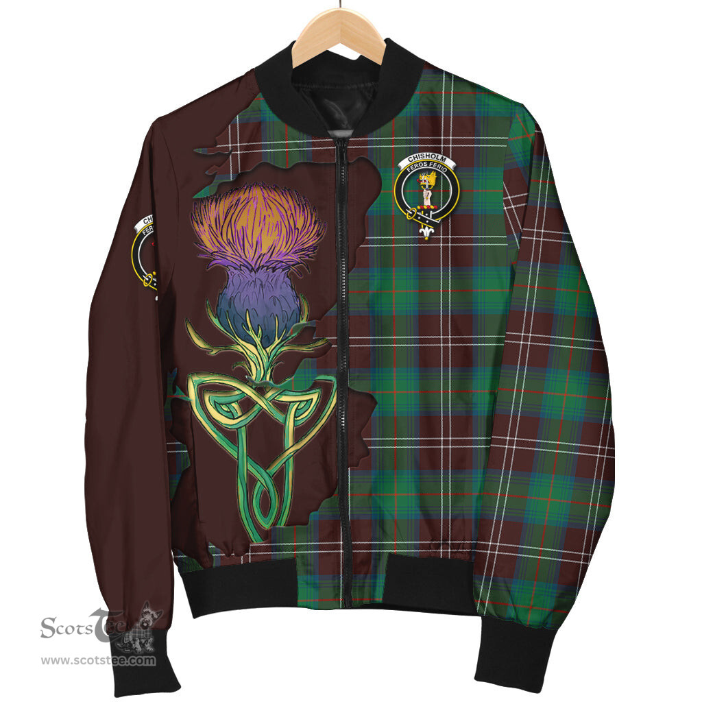 Scottish Chisholm Hunting Ancient Tartan Family Crest with Thistle and Scotland Map Tartan Plaid Bomber Jacket Scottish Plaid Tartan Plaid - ScotsTee - scotstee.com