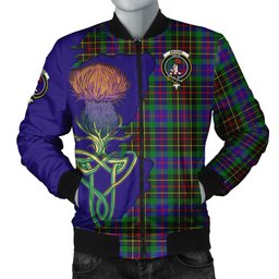 Scottish Brodie Hunting Modern Tartan Family Crest with Thistle and Scotland Map Tartan Plaid Bomber Jacket Scottish Plaid Tartan Plaid - ScotsTee - scotstee.com