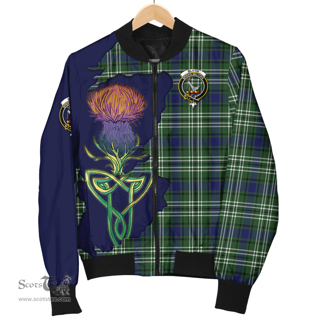 Scottish Blyth Tartan Family Crest with Thistle and Scotland Map Tartan Plaid Bomber Jacket Scottish Plaid Tartan Plaid - ScotsTee - scotstee.com