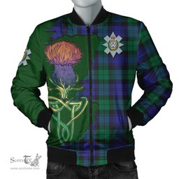 Scottish Black Watch Modern Tartan Family Crest with Thistle and Scotland Map Tartan Plaid Bomber Jacket Scottish Plaid Tartan Plaid - ScotsTee - scotstee.com