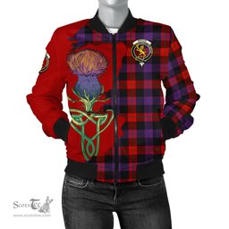 Scottish Broun Modern Tartan Family Crest with Thistle and Scotland Map Tartan Plaid Bomber Jacket Scottish Plaid Tartan Plaid - ScotsTee - scotstee.com