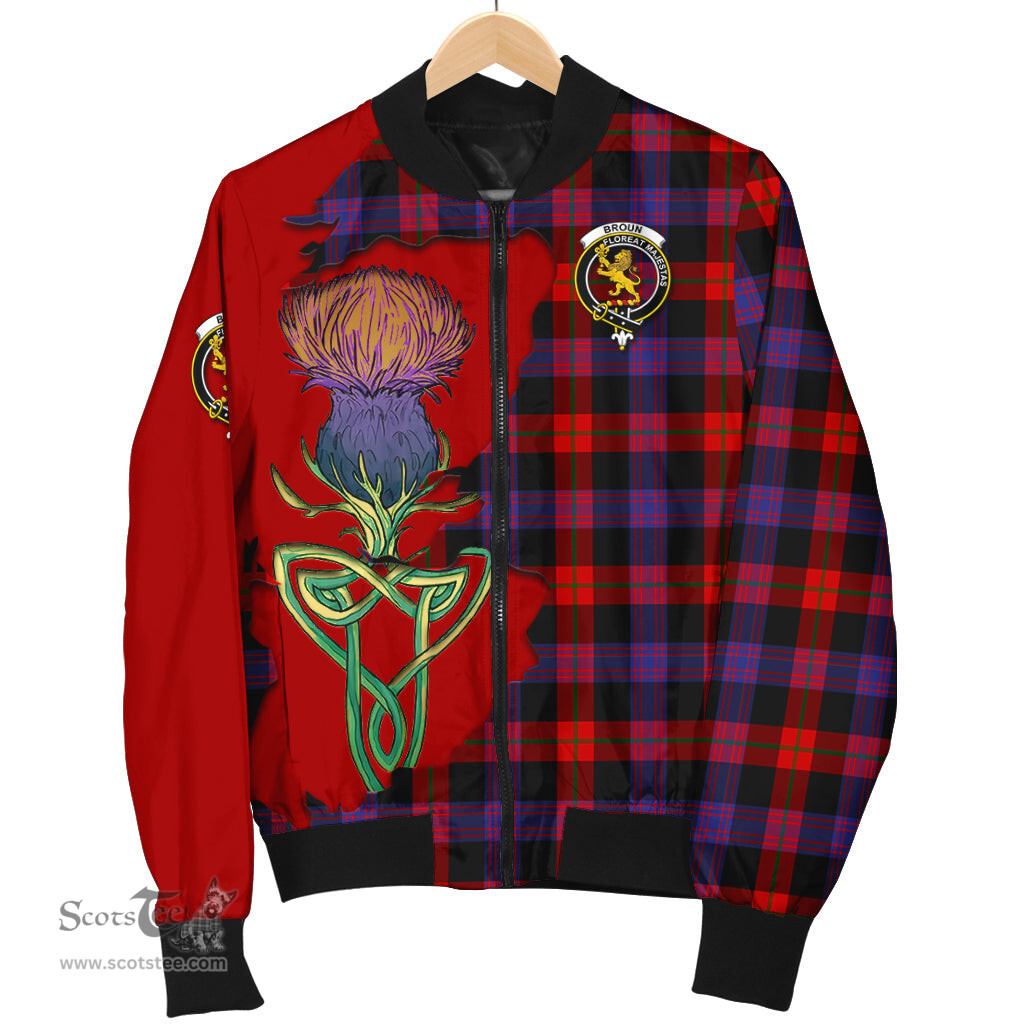 Scottish Broun Modern Tartan Family Crest with Thistle and Scotland Map Tartan Plaid Bomber Jacket Scottish Plaid Tartan Plaid - ScotsTee - scotstee.com