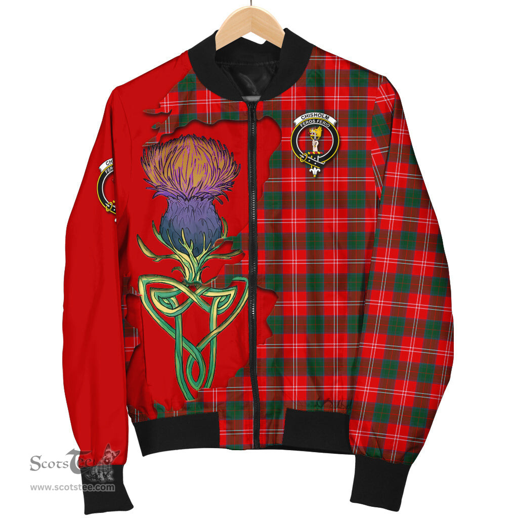 Scottish Chisholm Modern Tartan Family Crest with Thistle and Scotland Map Tartan Plaid Bomber Jacket Scottish Plaid Tartan Plaid - ScotsTee - scotstee.com