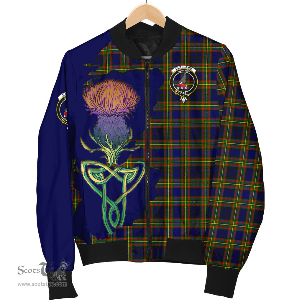 Scottish Clelland Modern Tartan Family Crest with Thistle and Scotland Map Tartan Plaid Bomber Jacket Scottish Plaid Tartan Plaid - ScotsTee - scotstee.com