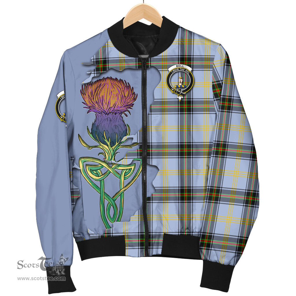 Scottish Bell Tartan Family Crest with Thistle and Scotland Map Tartan Plaid Bomber Jacket Scottish Plaid Tartan Plaid - ScotsTee - scotstee.com
