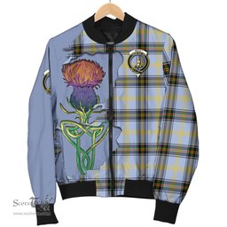 Scottish Bell Tartan Family Crest with Thistle and Scotland Map Tartan Plaid Bomber Jacket Scottish Plaid Tartan Plaid - ScotsTee - scotstee.com