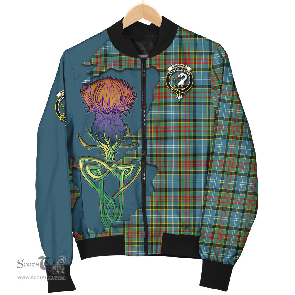 Scottish Brisbane modern Tartan Family Crest with Thistle and Scotland Map Tartan Plaid Bomber Jacket Scottish Plaid Tartan Plaid - ScotsTee - scotstee.com