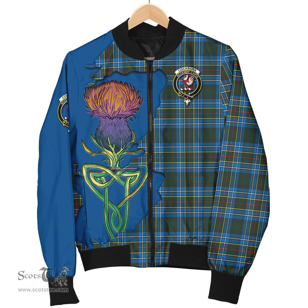 Scottish Cockburn Modern Tartan Family Crest with Thistle and Scotland Map Tartan Plaid Bomber Jacket Scottish Plaid Tartan Plaid - ScotsTee - scotstee.com