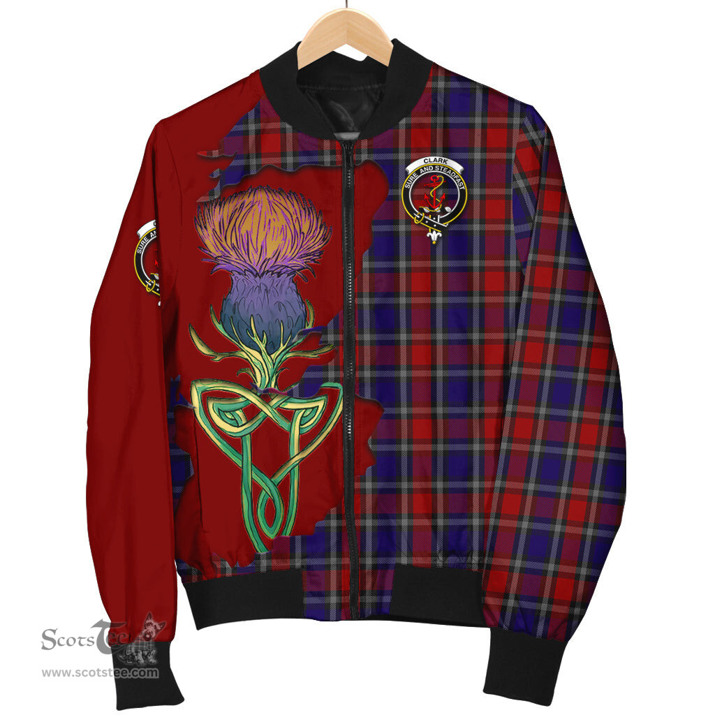 Scottish Clark Red Tartan Family Crest with Thistle and Scotland Map Tartan Plaid Bomber Jacket Scottish Plaid Tartan Plaid - ScotsTee - scotstee.com