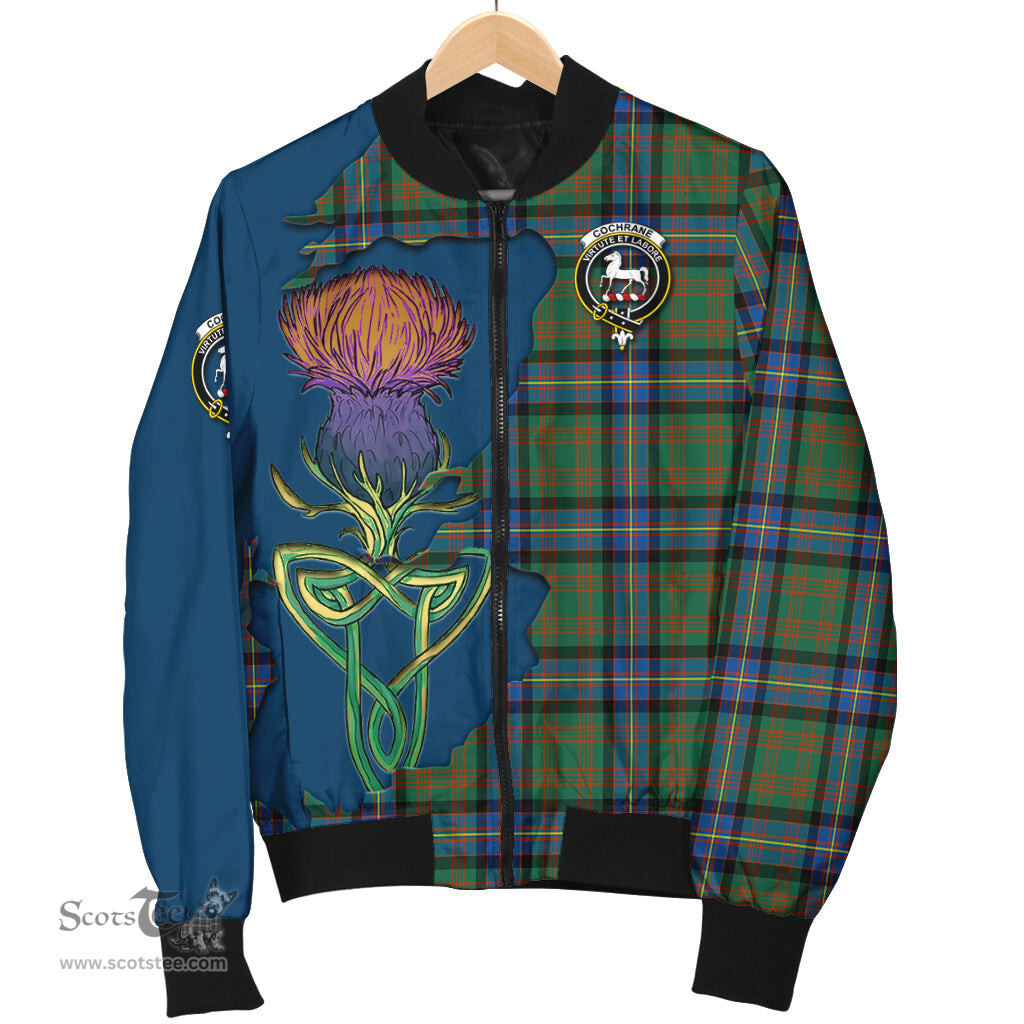 Scottish Cochrane Ancient Tartan Family Crest with Thistle and Scotland Map Tartan Plaid Bomber Jacket Scottish Plaid Tartan Plaid - ScotsTee - scotstee.com