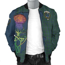 Scottish Arbuthnot Tartan Family Crest with Thistle and Scotland Map Tartan Plaid Bomber Jacket Scottish Plaid Tartan Plaid - ScotsTee - scotstee.com