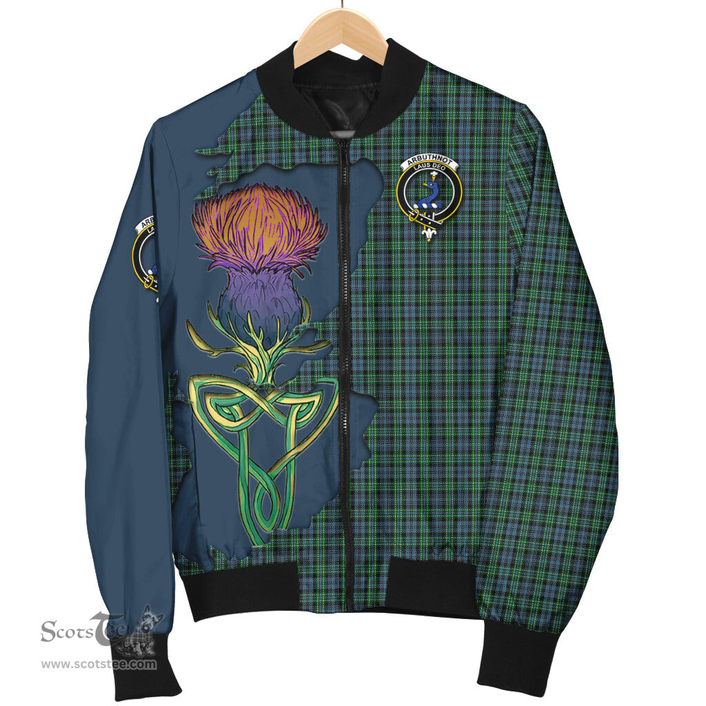 Scottish Arbuthnot Tartan Family Crest with Thistle and Scotland Map Tartan Plaid Bomber Jacket Scottish Plaid Tartan Plaid - ScotsTee - scotstee.com