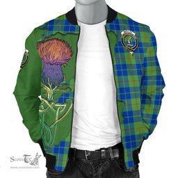 Scottish Barclay Hunting Ancient Tartan Family Crest with Thistle and Scotland Map Tartan Plaid Bomber Jacket Scottish Plaid Tartan Plaid - ScotsTee - scotstee.com