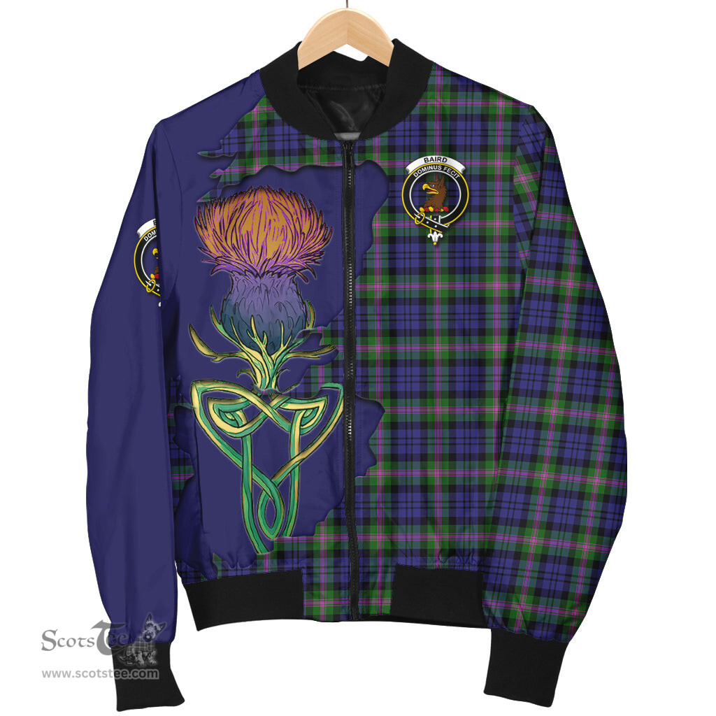 Scottish Baird Modern Tartan Family Crest with Thistle and Scotland Map Tartan Plaid Bomber Jacket Scottish Plaid Tartan Plaid - ScotsTee - scotstee.com