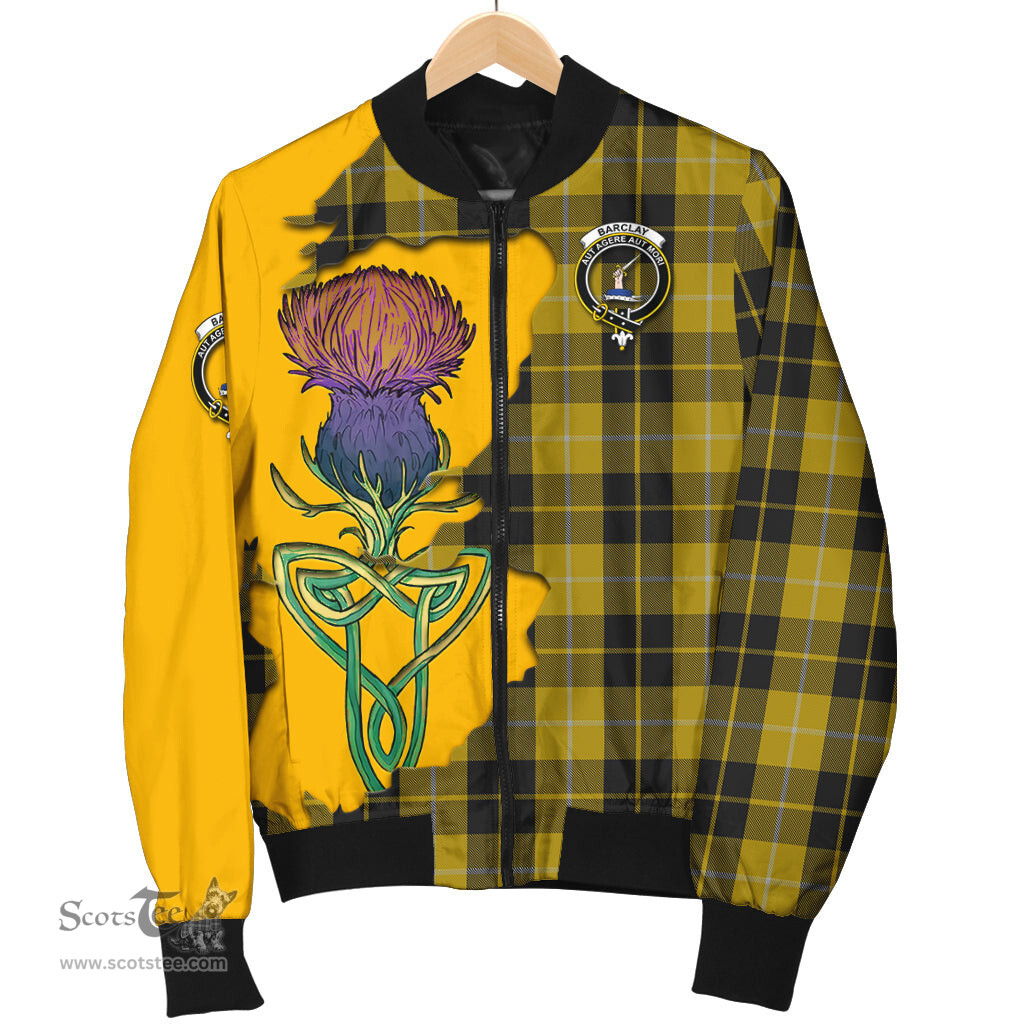 Scottish Barclay Dress Tartan Family Crest with Thistle and Scotland Map Tartan Plaid Bomber Jacket Scottish Plaid Tartan Plaid - ScotsTee - scotstee.com