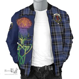 Scottish Clark Tartan Family Crest with Thistle and Scotland Map Tartan Plaid Bomber Jacket Scottish Plaid Tartan Plaid - ScotsTee - scotstee.com