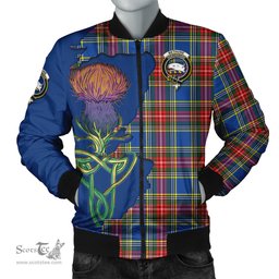 Scottish Bethune Tartan Family Crest with Thistle and Scotland Map Tartan Plaid Bomber Jacket Scottish Plaid Tartan Plaid - ScotsTee - scotstee.com
