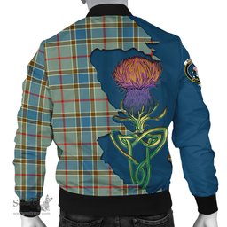 Scottish Balfour Blue Tartan Family Crest with Thistle and Scotland Map Tartan Plaid Bomber Jacket Scottish Plaid Tartan Plaid - ScotsTee - scotstee.com