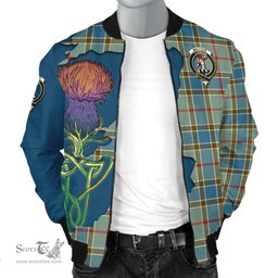 Scottish Balfour Blue Tartan Family Crest with Thistle and Scotland Map Tartan Plaid Bomber Jacket Scottish Plaid Tartan Plaid - ScotsTee - scotstee.com
