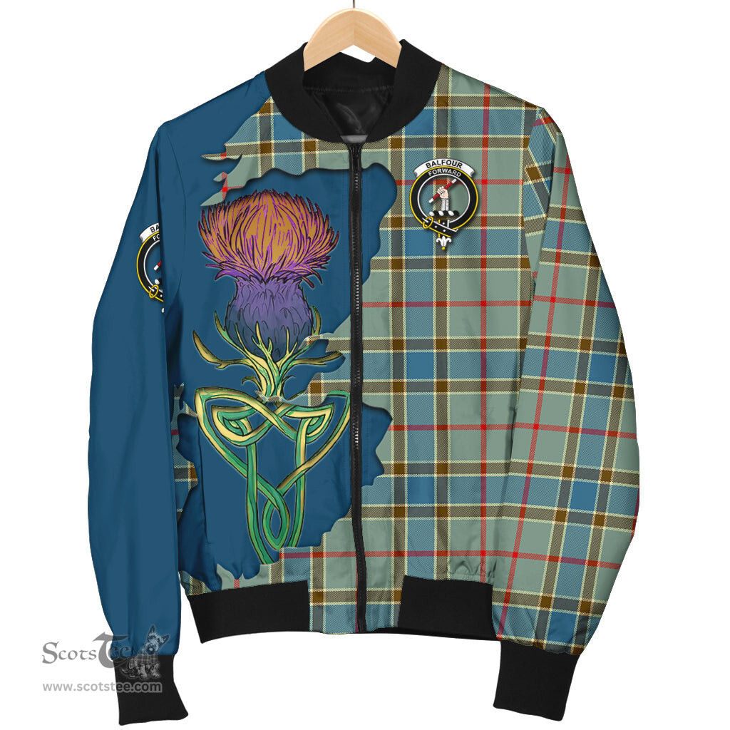 Scottish Balfour Blue Tartan Family Crest with Thistle and Scotland Map Tartan Plaid Bomber Jacket Scottish Plaid Tartan Plaid - ScotsTee - scotstee.com