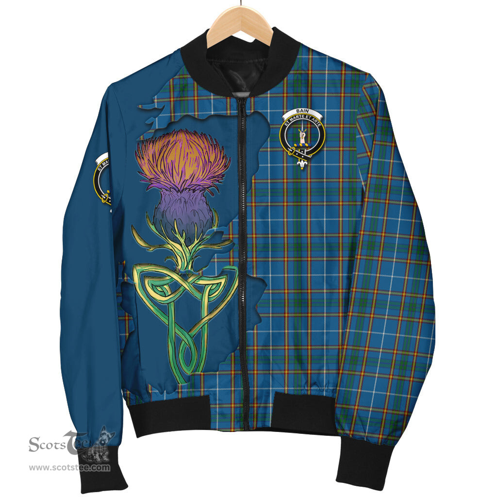 Scottish Bain Tartan Family Crest with Thistle and Scotland Map Tartan Plaid Bomber Jacket Scottish Plaid Tartan Plaid - ScotsTee - scotstee.com
