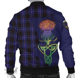 Scottish Dunlop Tartan Family Crest with Thistle and Scotland Map Tartan Plaid Bomber Jacket Scottish Plaid Tartan Plaid - ScotsTee - scotstee.com