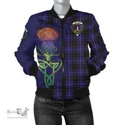 Scottish Dunlop Tartan Family Crest with Thistle and Scotland Map Tartan Plaid Bomber Jacket Scottish Plaid Tartan Plaid - ScotsTee - scotstee.com