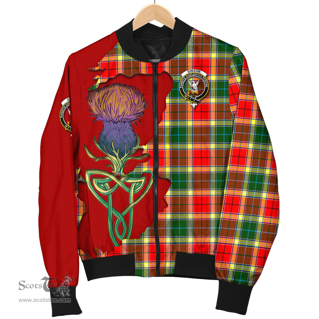 Scottish Gibsone (Gibson - Gibbs) Tartan Family Crest with Thistle and Scotland Map Tartan Plaid Bomber Jacket Scottish Plaid Tartan Plaid - ScotsTee - scotstee.com