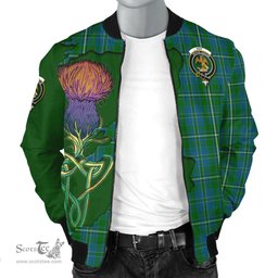 Scottish Hay Hunting Tartan Family Crest with Thistle and Scotland Map Tartan Plaid Bomber Jacket Scottish Plaid Tartan Plaid - ScotsTee - scotstee.com